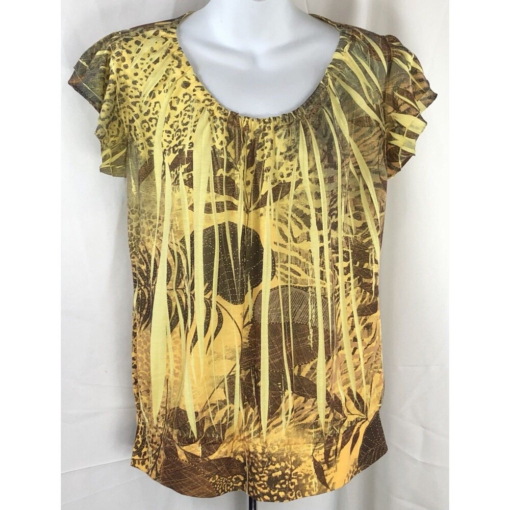 Dress Barn Colorful BoHo top L yellow Multi pleated Scoop Neck Hippie Festival